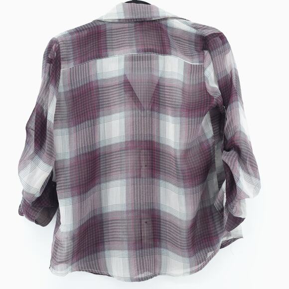 Band of Gypsies Boho Sheer Purple Plaid Tunic Blouse Roll Tab Sleeve Pocket M - Picture 6 of 10